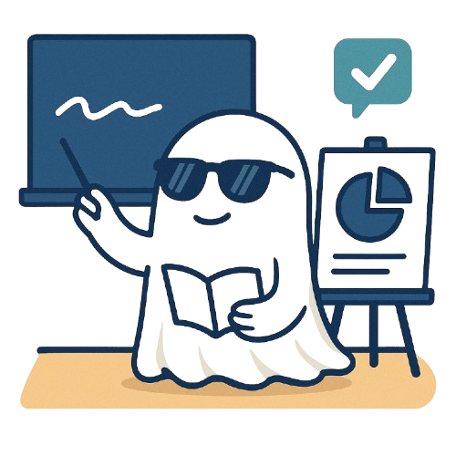 Vibe and Seek Education Ghost with sunglasses teaching with laptop and presentation board