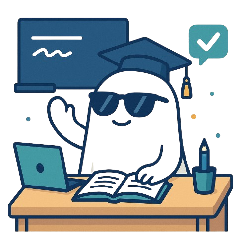 Vibe and Seek Education Ghost with graduation cap studying with laptop and book at desk