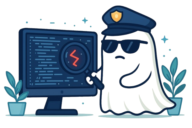 Vibe and Seek Security Ghost with police hat examining code vulnerabilities