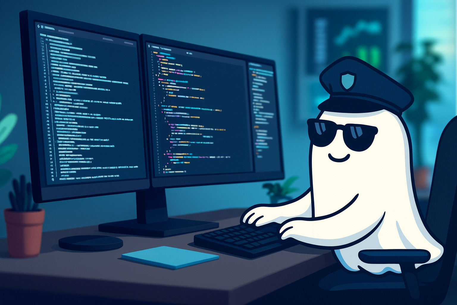 Vibe and Seek Security Ghost with police hat and sunglasses at computer workstation