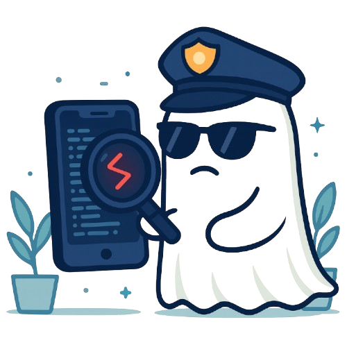 Vibe and Seek Security Ghost with police hat and sunglasses holding phone with security features